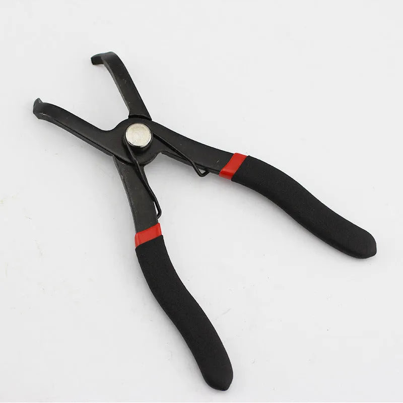 Red round nail removal pliers with PVC handles, jaws open, for door panel and wire buckle extraction.
