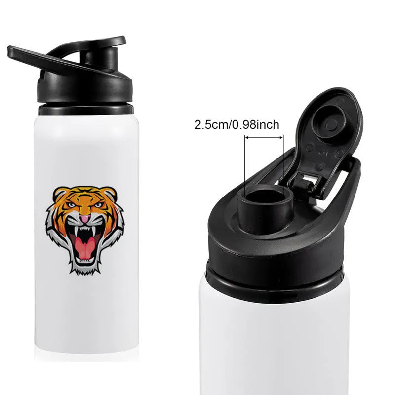 White aluminium sports water bottle for cycling and outdoor activities showing 600ml and 750ml capacity options