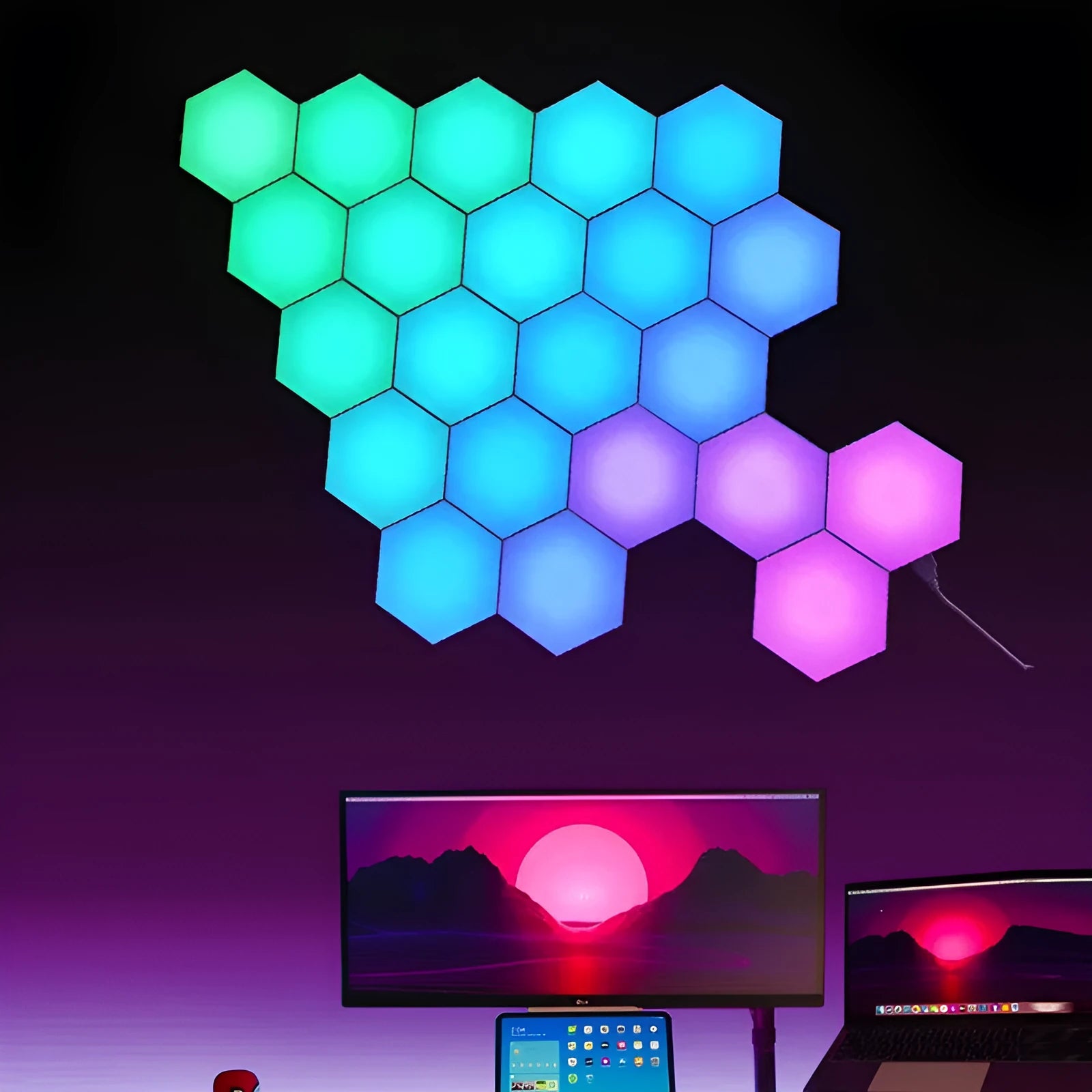 Colourful hexagonal LED wall lamp with remote control displaying rainbow effect on a bedroom wall