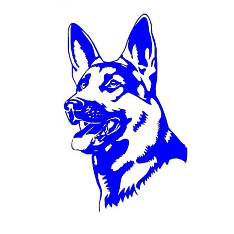 Reflective Alsatian German Shepherd dog bumper sticker on a car, showing colour options.