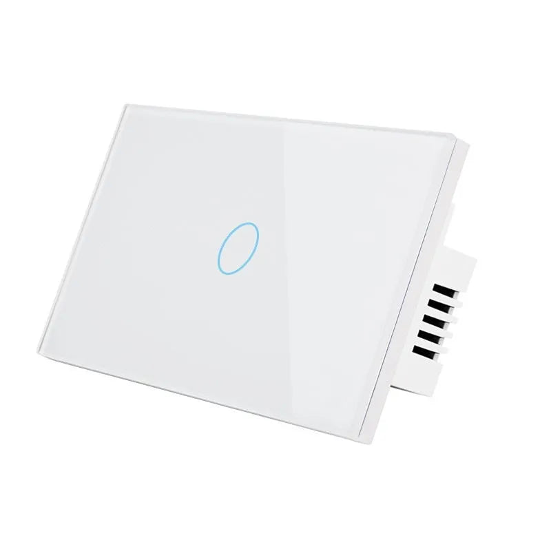 Modern 2-gang touch light switch with tempered glass panel in black, white, or gold.