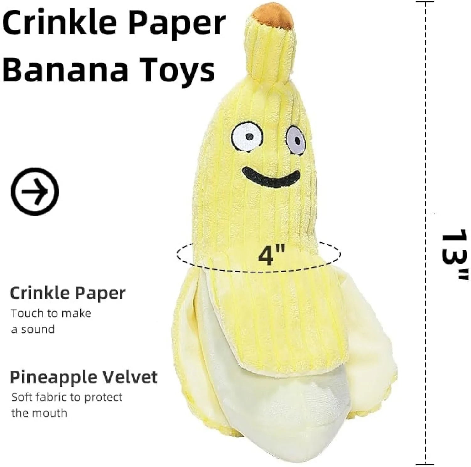 Yellow banana-shaped plush cat toy with crinkle paper sound element
