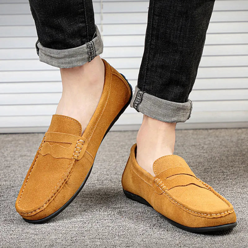 Men's suede leather loafers in solid colours with round toe and flat rubber sole