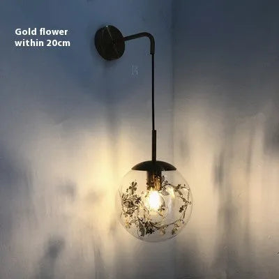 Glass bedside wall lamp in golden flower or silver flower finish, 15cm or 20cm size
