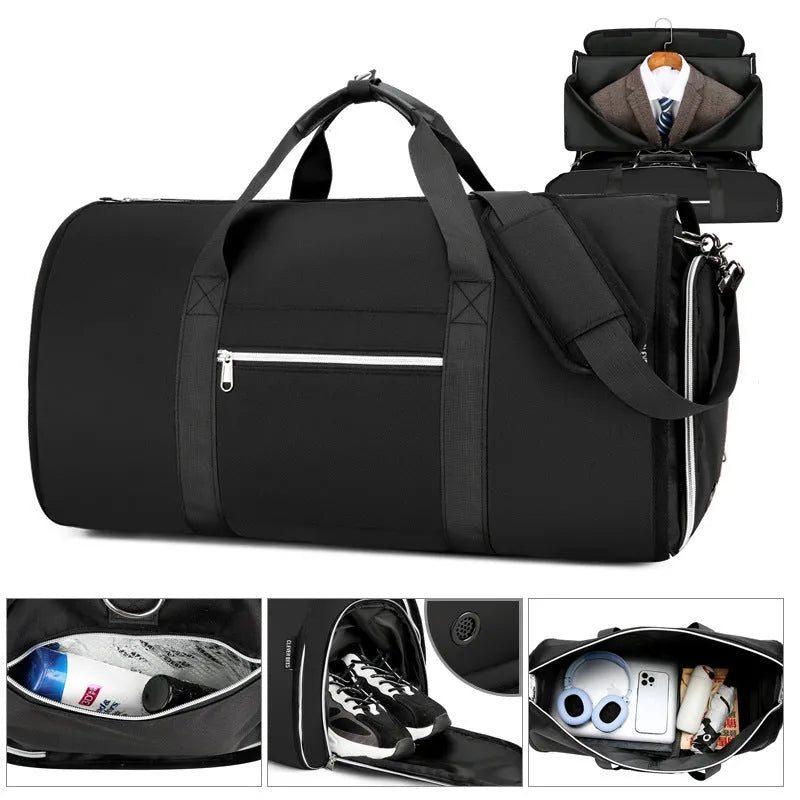 Grey Oxford cloth sports and business bag with expansion feature and dry wet separation compartments.