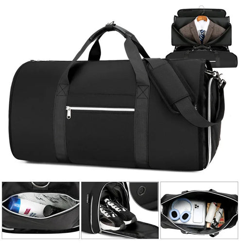 Grey Oxford cloth sports and business bag with expansion feature and dry wet separation compartments.