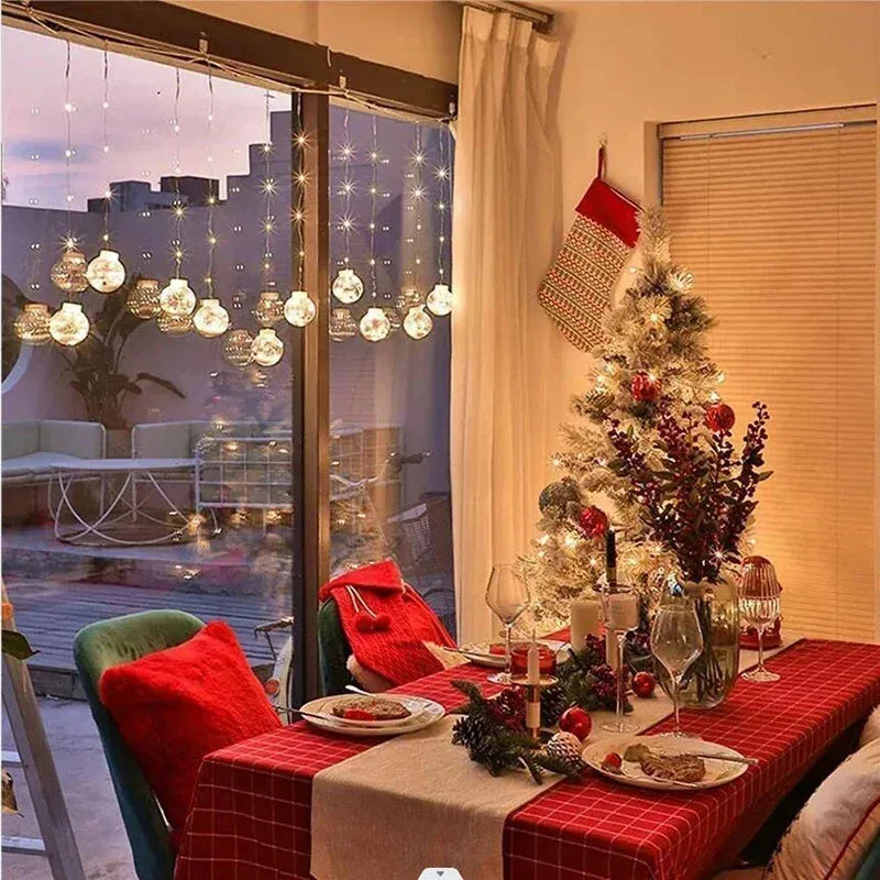 LED Christmas curtain light string with 10 wishing ball lamps showing snowman, Christmas tree and elder designs
