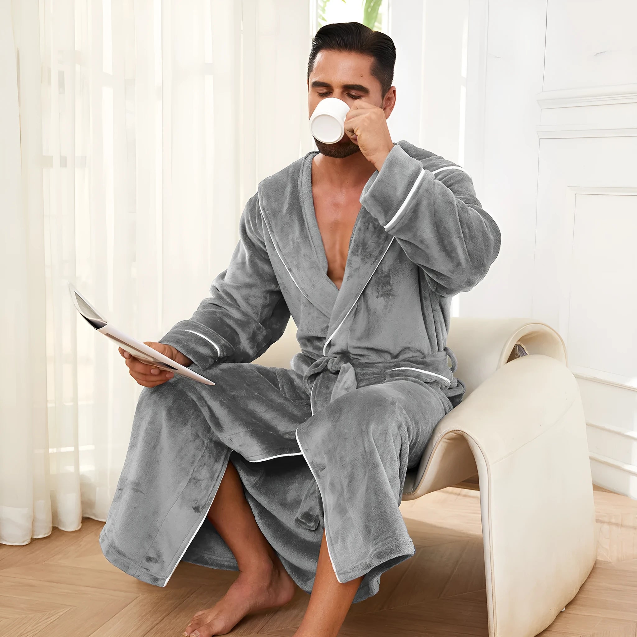 Unisex flannel bathrobe in polyester fleece, available in light gray, dark blue, and black, with European American style.