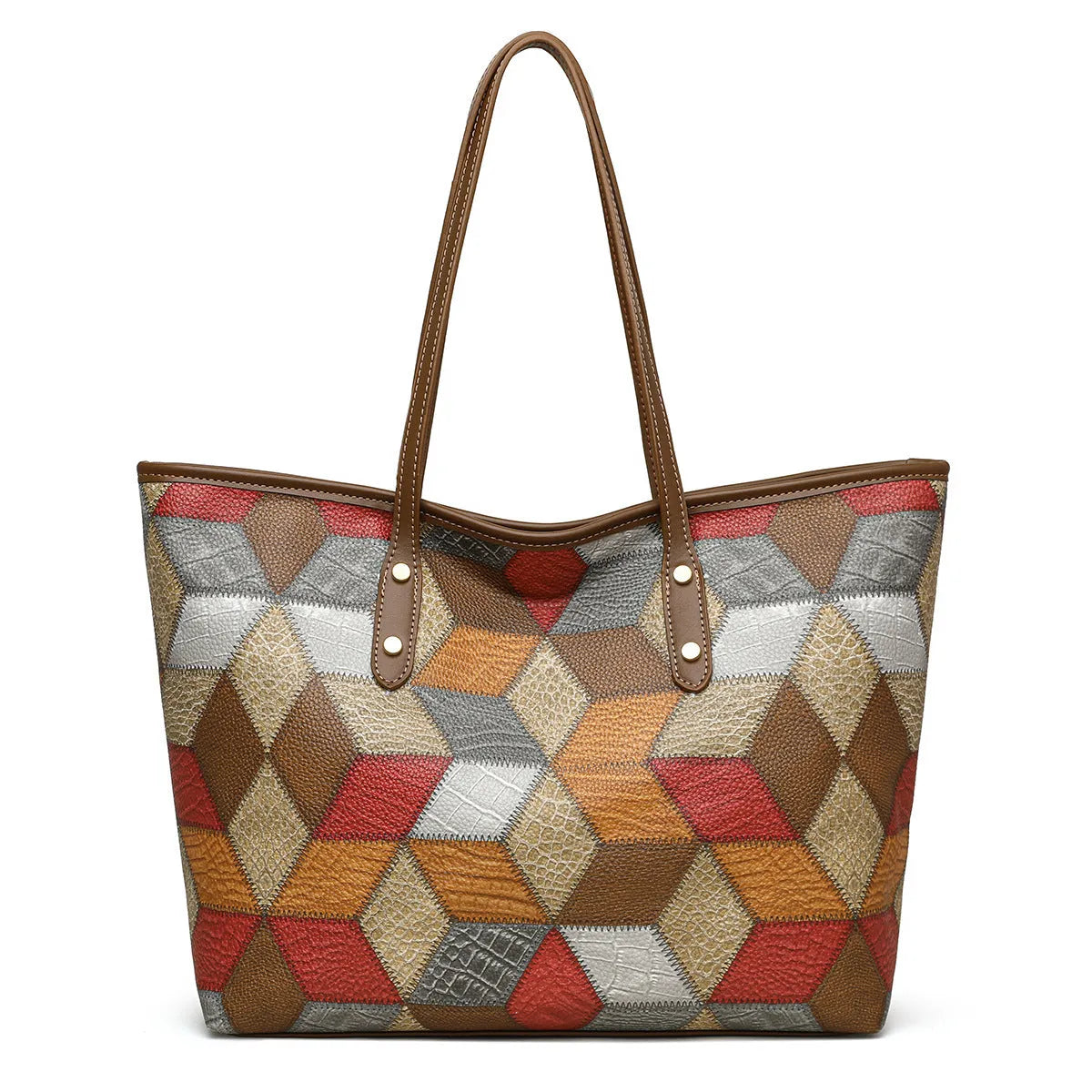 Women's large capacity PVC handbag in blue brown colour with sandwich pocket design