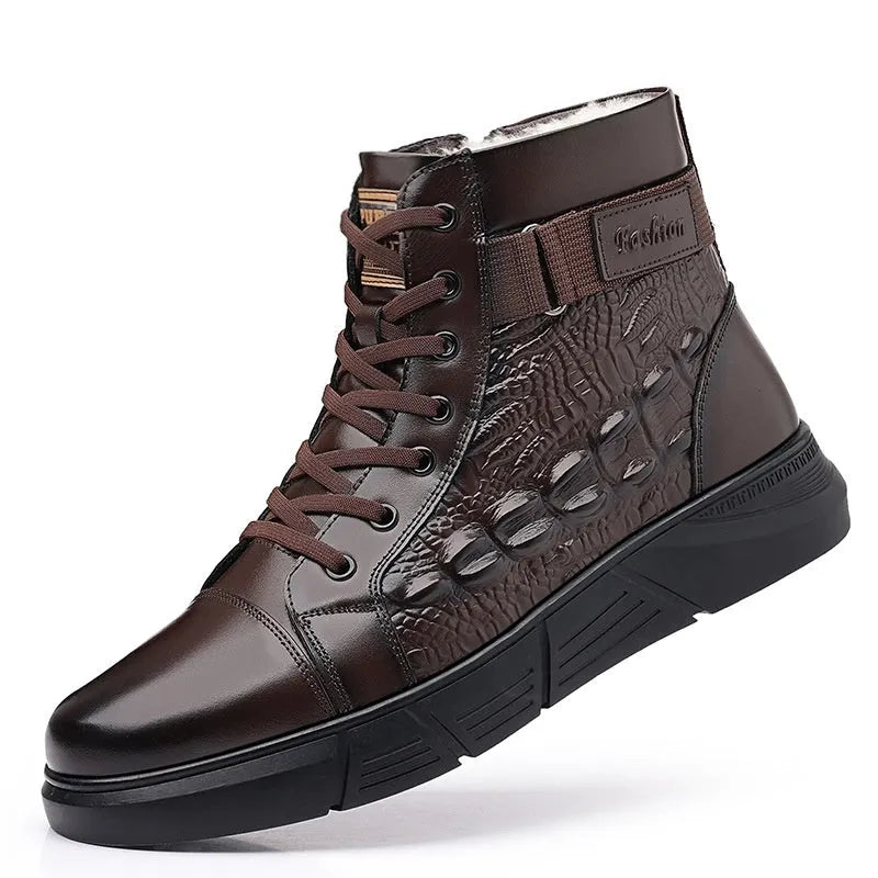 Black and brown genuine leather lace-up ankle boots with fur lining and rubber soles.
