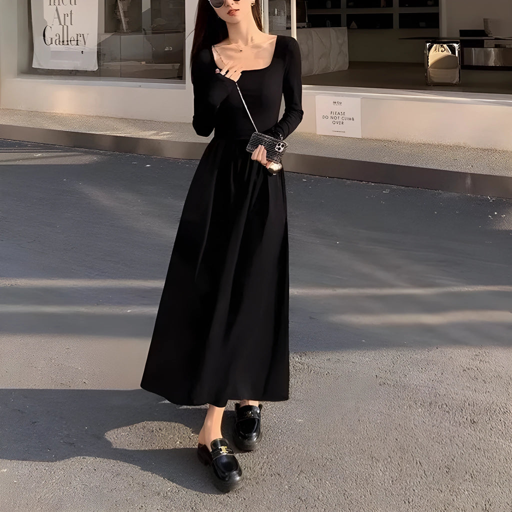 Women's black knitted A-line long sleeve dress with square collar and elasticated waist