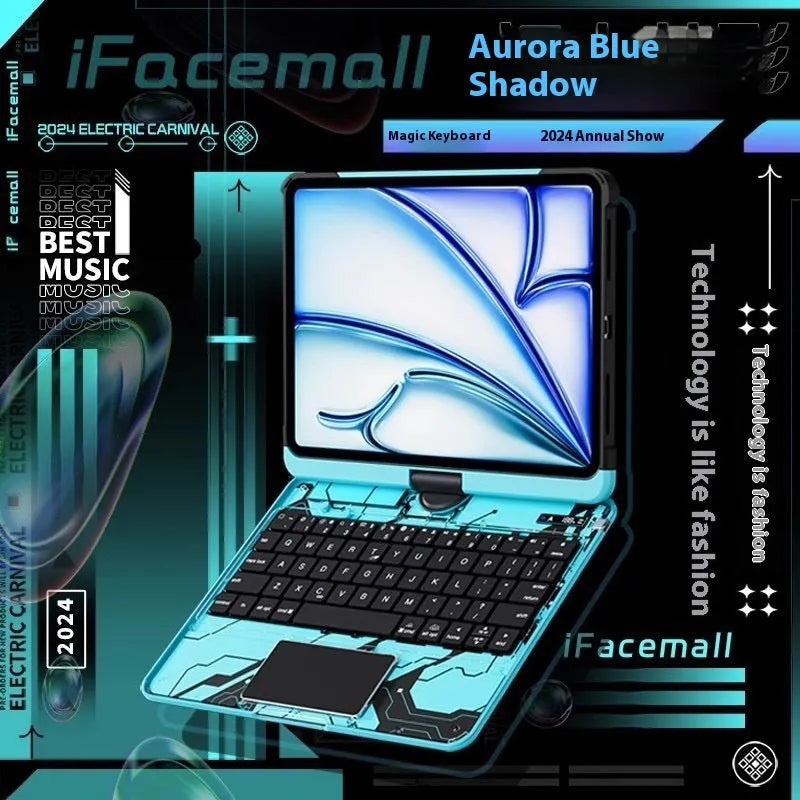 Blue hard PC protective case for iPad with keyboard, shown on a tablet.