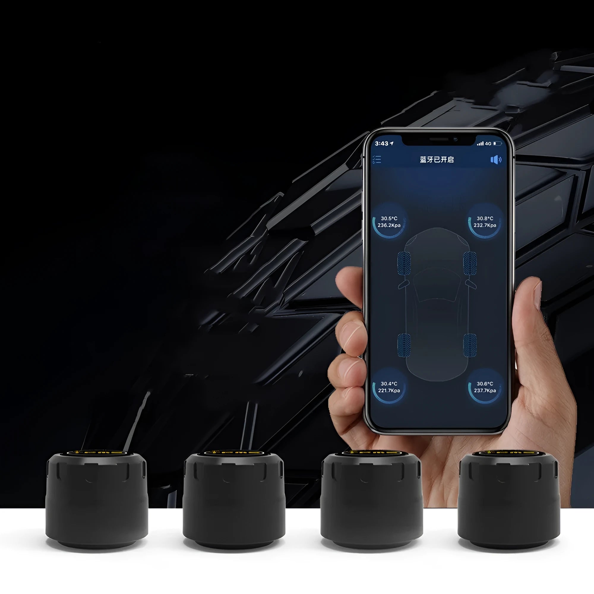 Black Bluetooth tyre pressure monitor sensors with wrench and anti-theft screws for vehicle safety