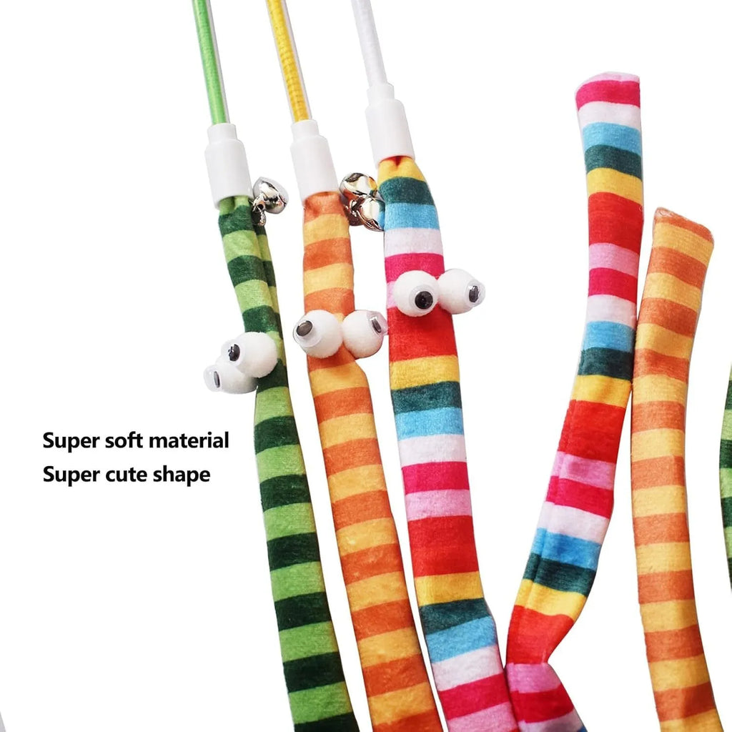 Cat wand toy with polycarbonate handle and long plush strip in vivid colours