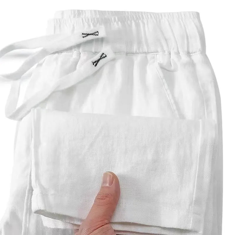 Pure linen blend Chinese style straight leg trousers with elastic drawstring waist in neutral colours
