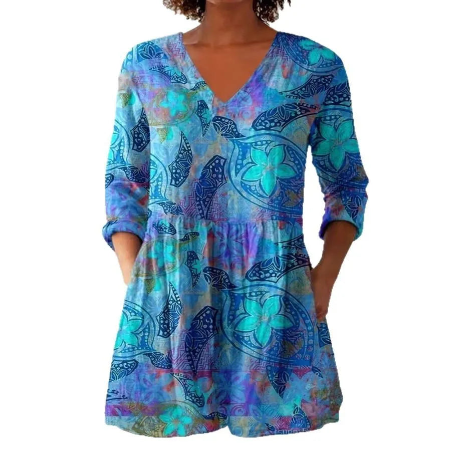 Women's retro slim fit printed long-sleeved top in polyester fabric with digital printing design