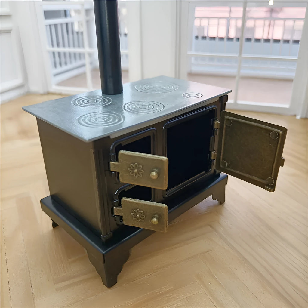 Brown wrought iron miniature stove for doll house kitchen scene, 0.9cm width