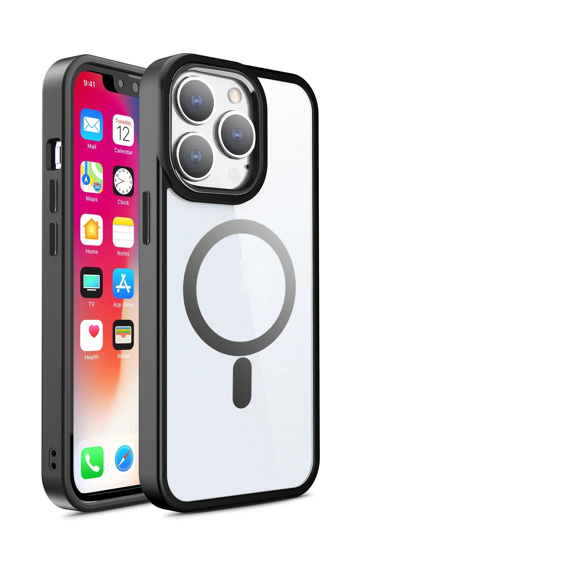 Transparent magnetic silicone phone case for iPhone models showing colour options