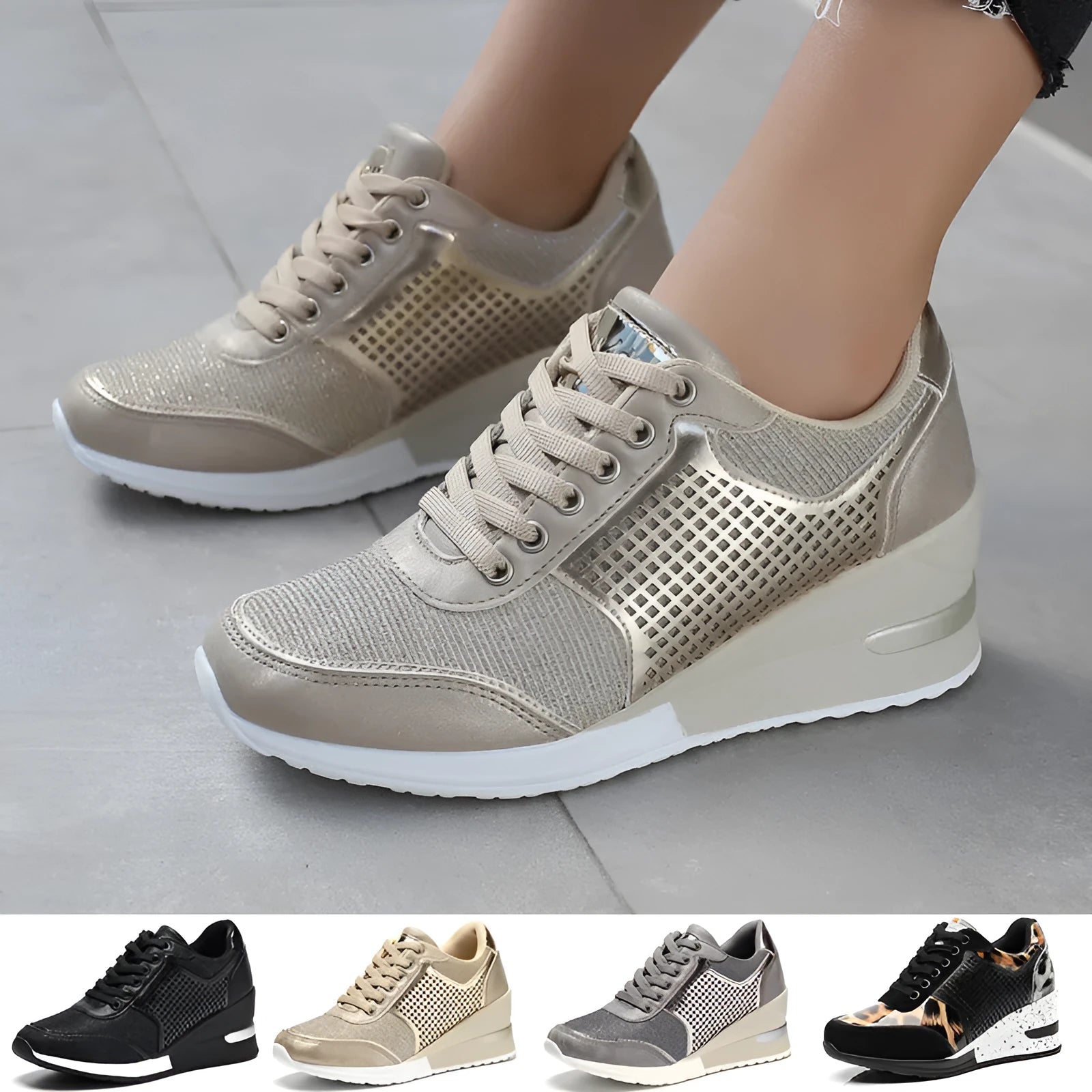 Women's PU lace-up height increasing sneakers 6.5cm round toe casual walking shoes Black Gold Grey Leopard