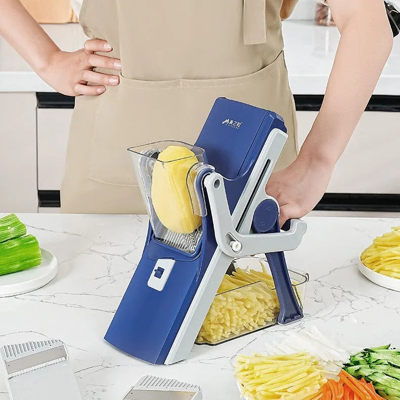 Purple vegetable chopper with wire planer on a kitchen counter