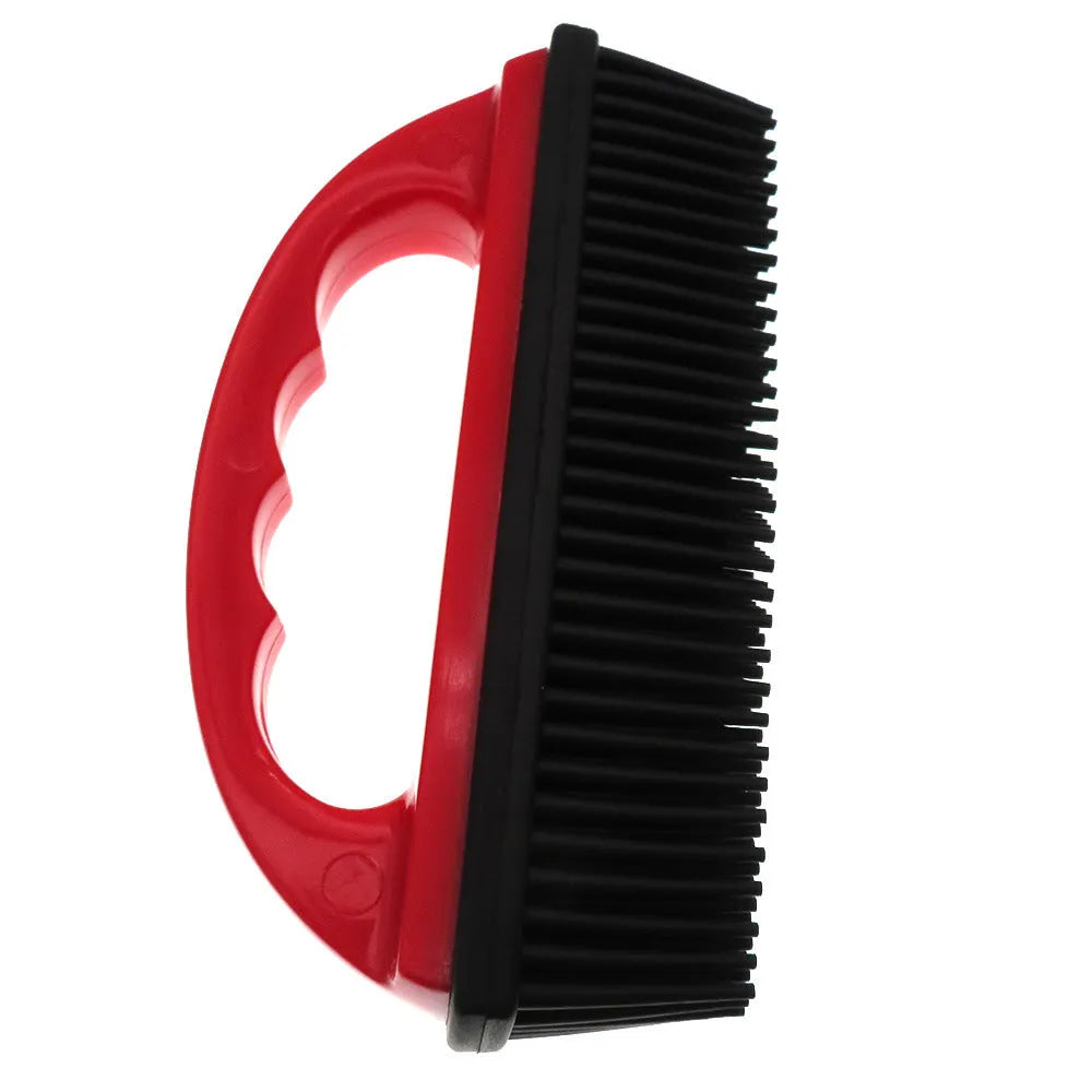 Red pet grooming brush with hair removal and massage functions for bath time and carpet cleaning