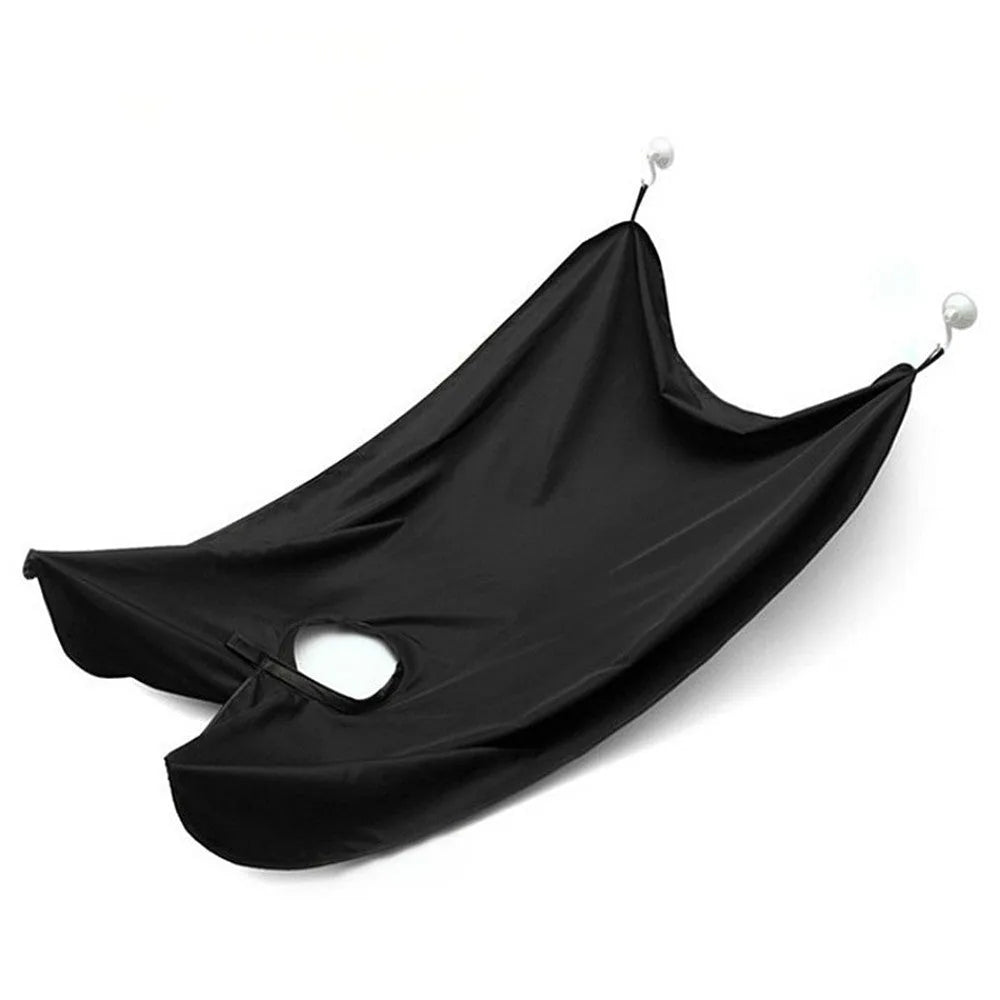 Polyester taff shaving apron with suction cup and tray table, 110x70cm, in black and white