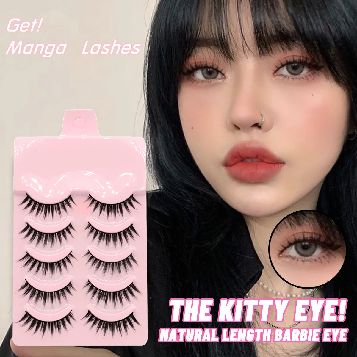 Pack of anime-style false eyelashes showing three wispy, natural slim length designs for cosplay and Korean makeup.