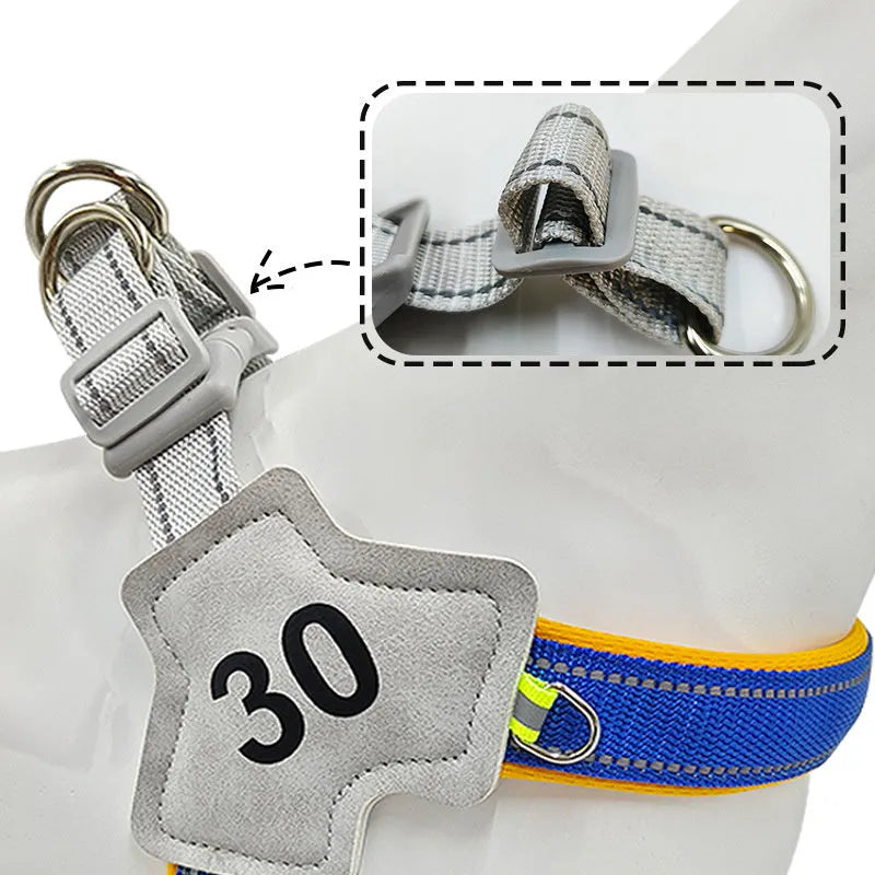 Adjustable soft buckle reflective chest harness for small medium dogs in blue with traction rope