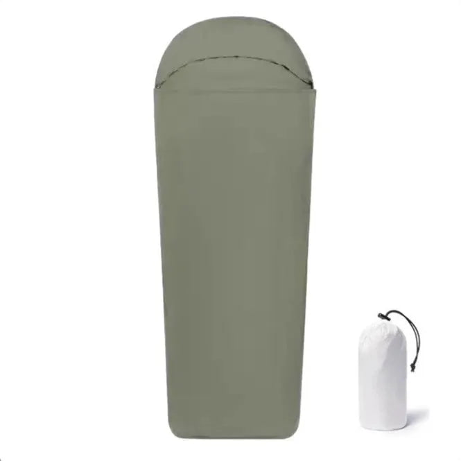 Blue or green nylon camping sleeping bag with mummy-style construction for adult outdoor use