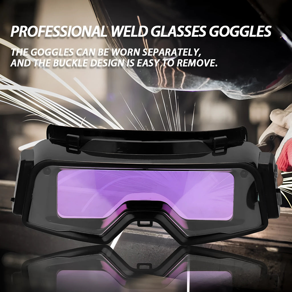 Black automatic welding mask with a large rectangular viewing lens and head strap.