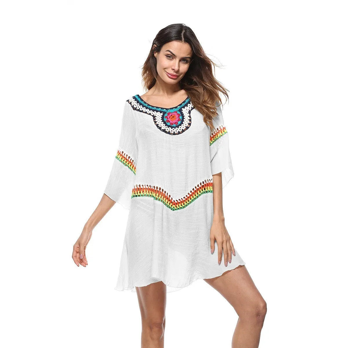 Crocheted ethnic style beach cover-up in polyester fabric for sun protection during swimming