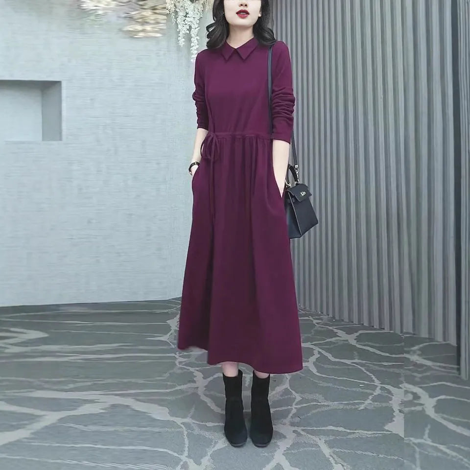 Purplish red plus size long sleeve dress for women with extra long sleeves and urban office style