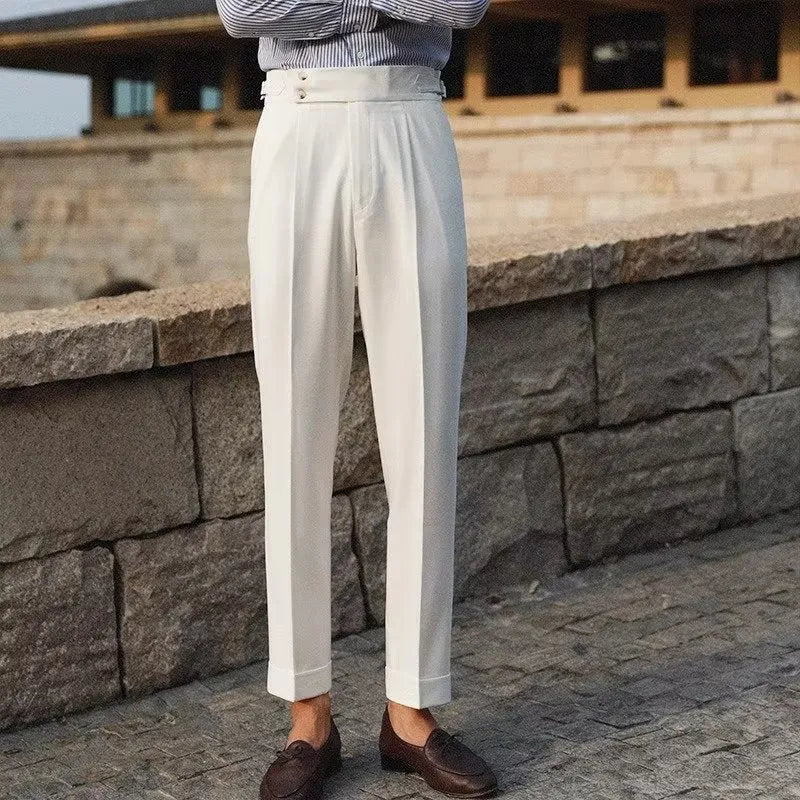 Men's slim fit suit trousers in chemical fibre blend with straight leg business formal styling
