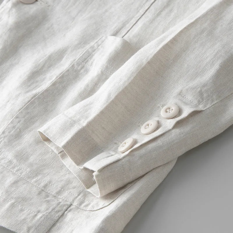 Men's loose fit linen casual blazer jacket on a hanger, shown in a solid colour.