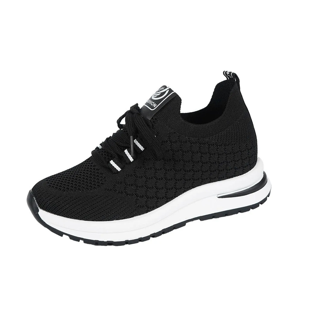 Plus size women's lace up mesh platform flat pumps in black with round toe and rubber sole