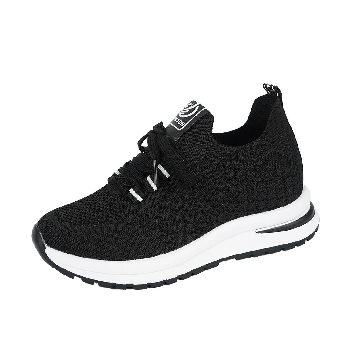 Plus size women's lace up mesh platform flat pumps in black with round toe and rubber sole
