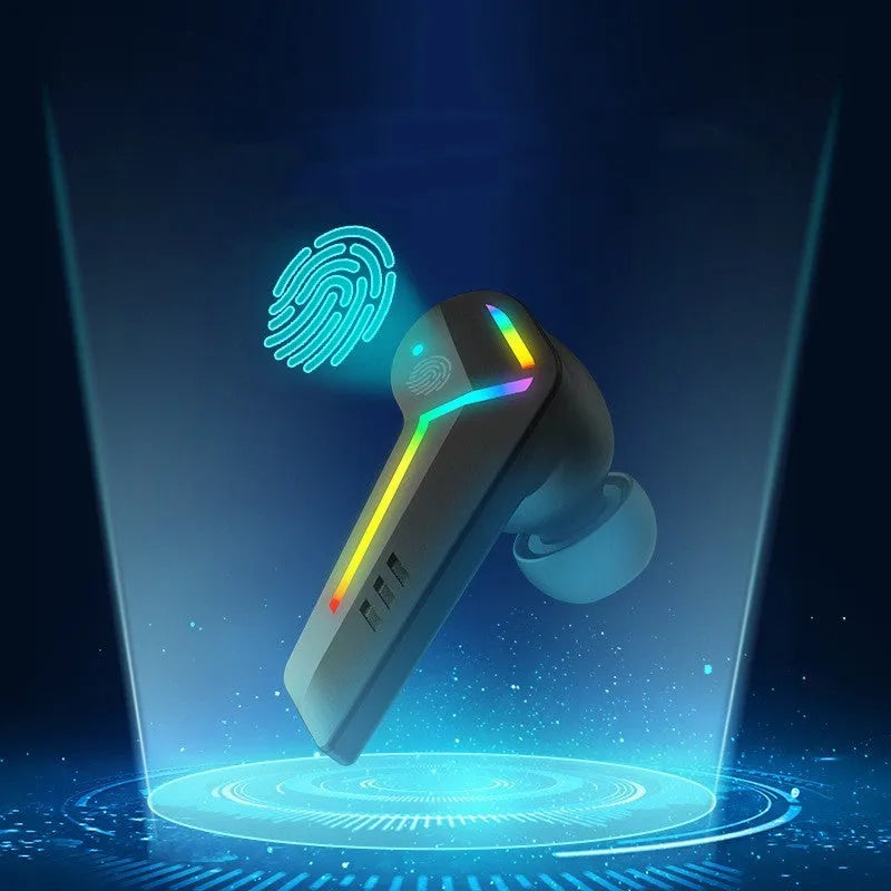 Small black Bluetooth earplug headset with low latency for sports and gaming