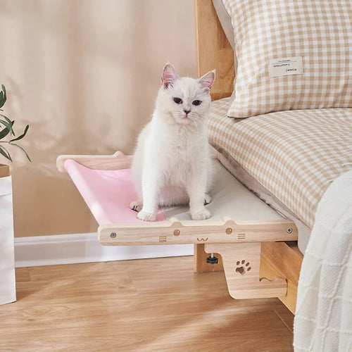 Wooden cat hanging bed hammock showing seven different style installation options