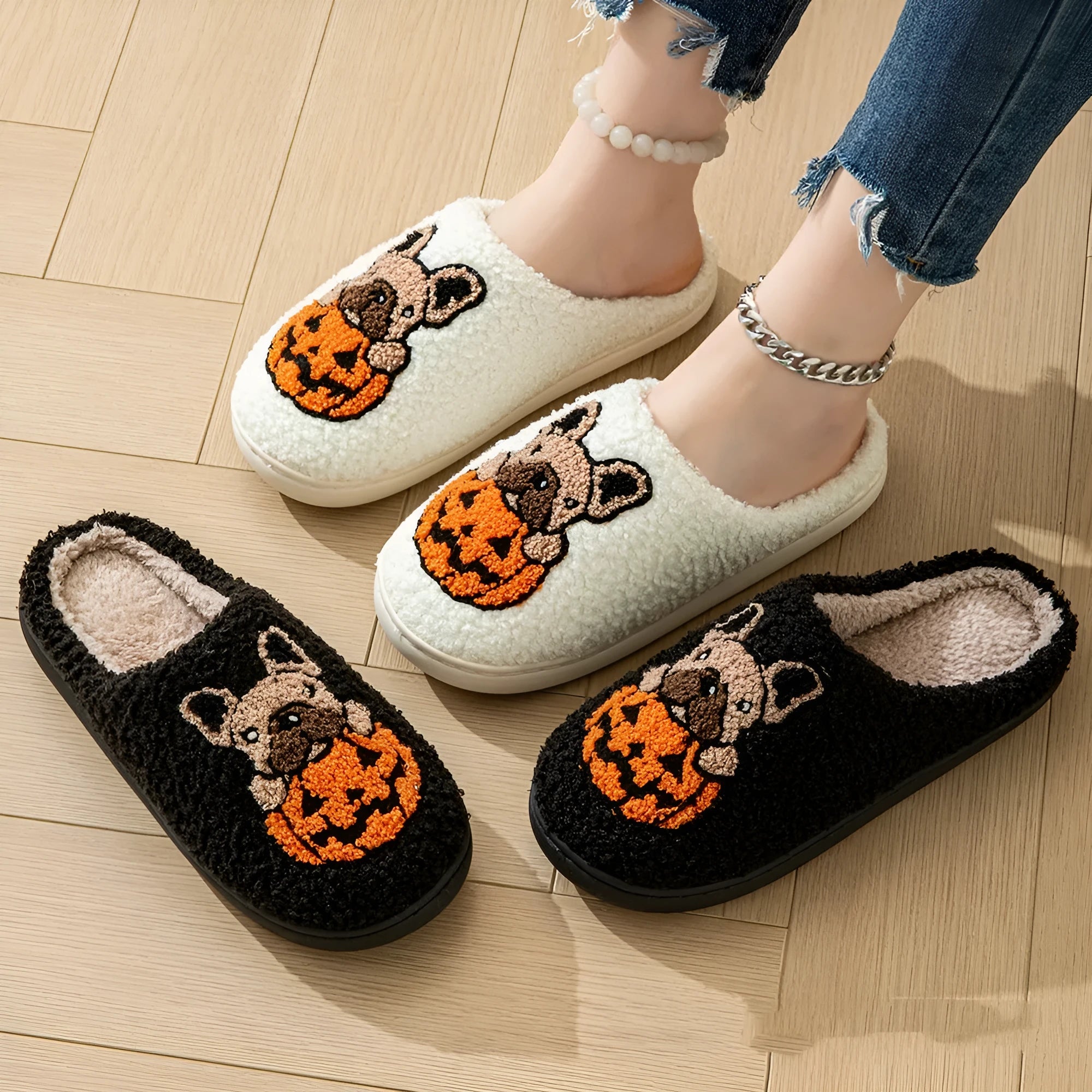 Halloween pumpkin pattern slippers with plush velvet cotton upper and TPR rubber soles