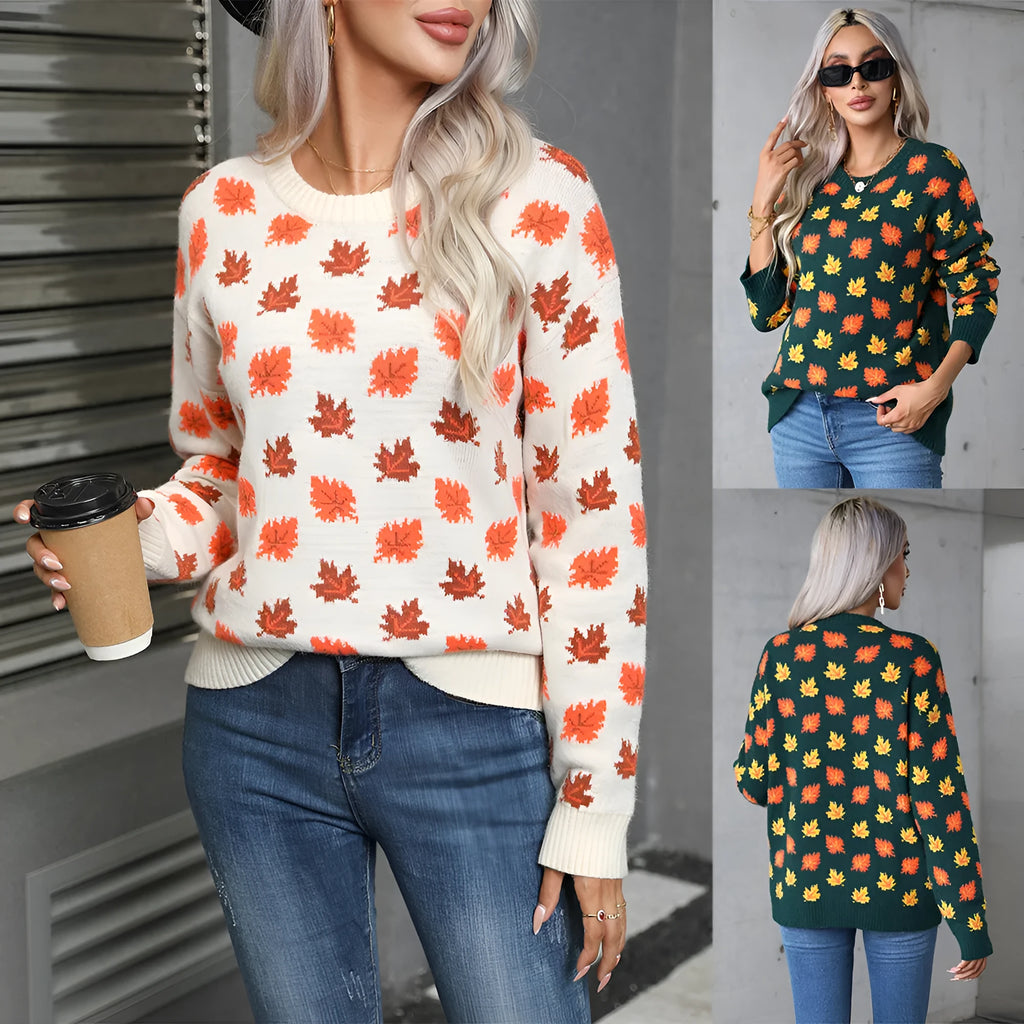 Beige maple leaf round neck contrast colour loose fit polyester pullover sweater on model