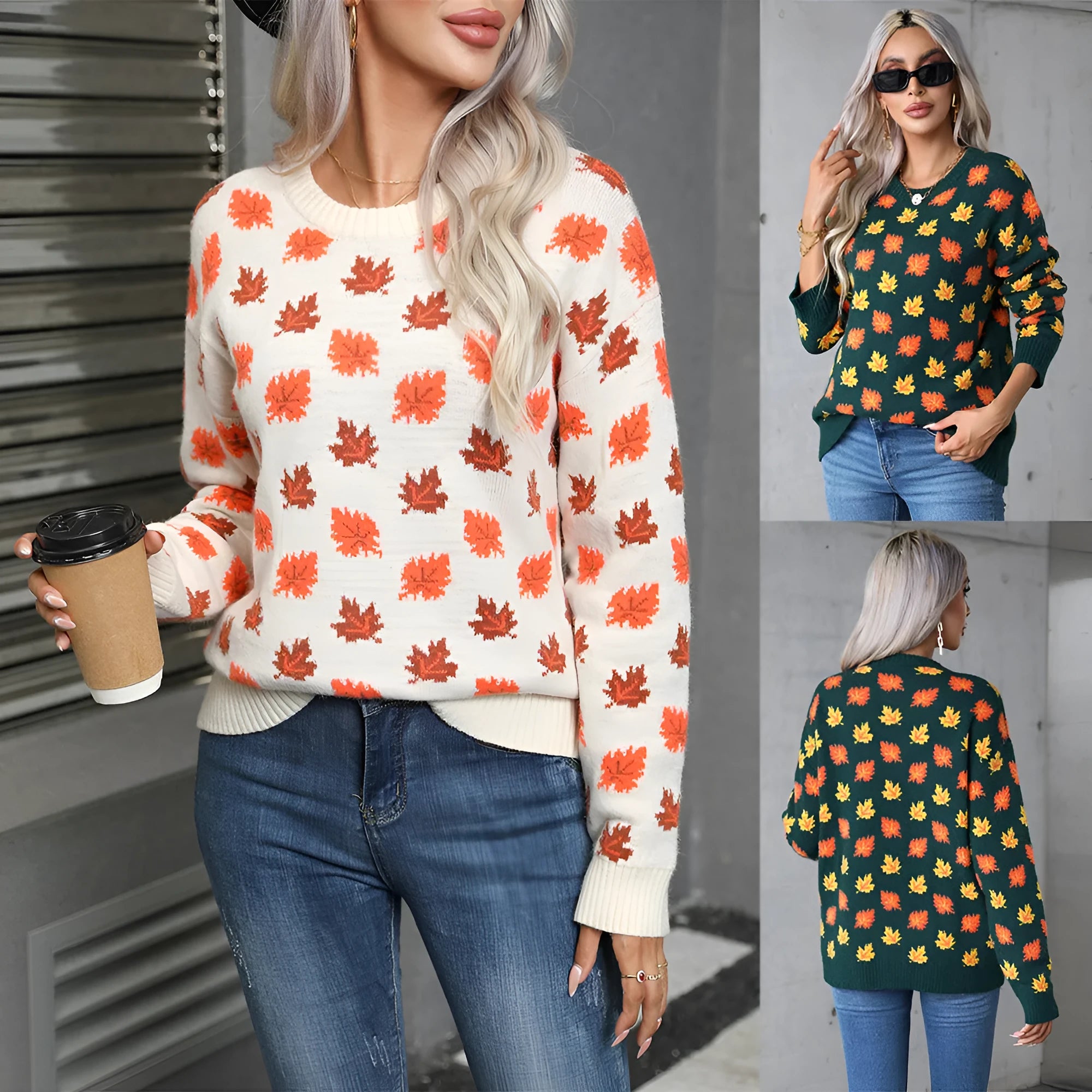 Beige maple leaf round neck contrast colour loose fit polyester pullover sweater on model