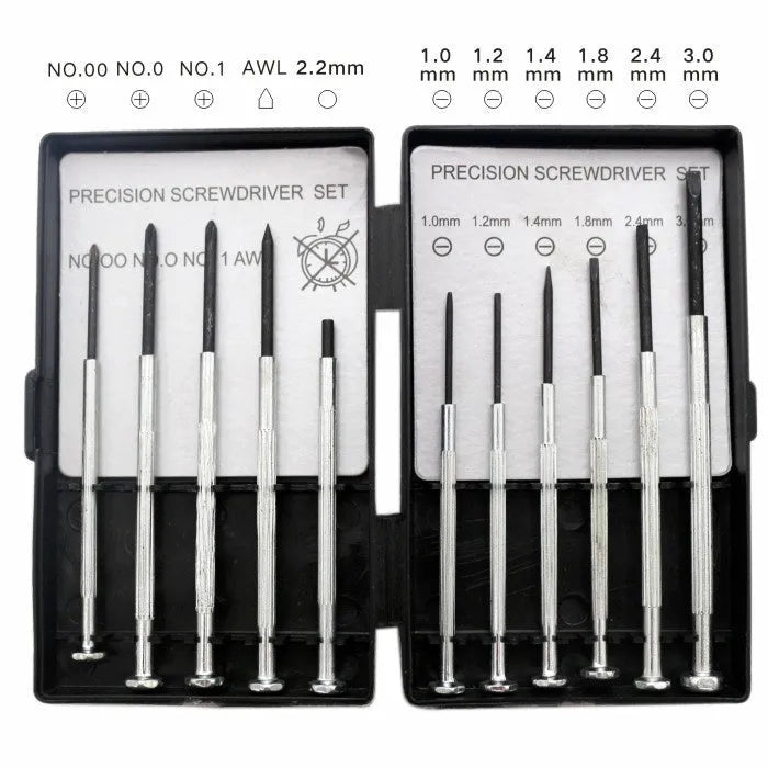 TH-6177 11-piece clock and electronics screwdriver set with cross and slotted bits on a white background.