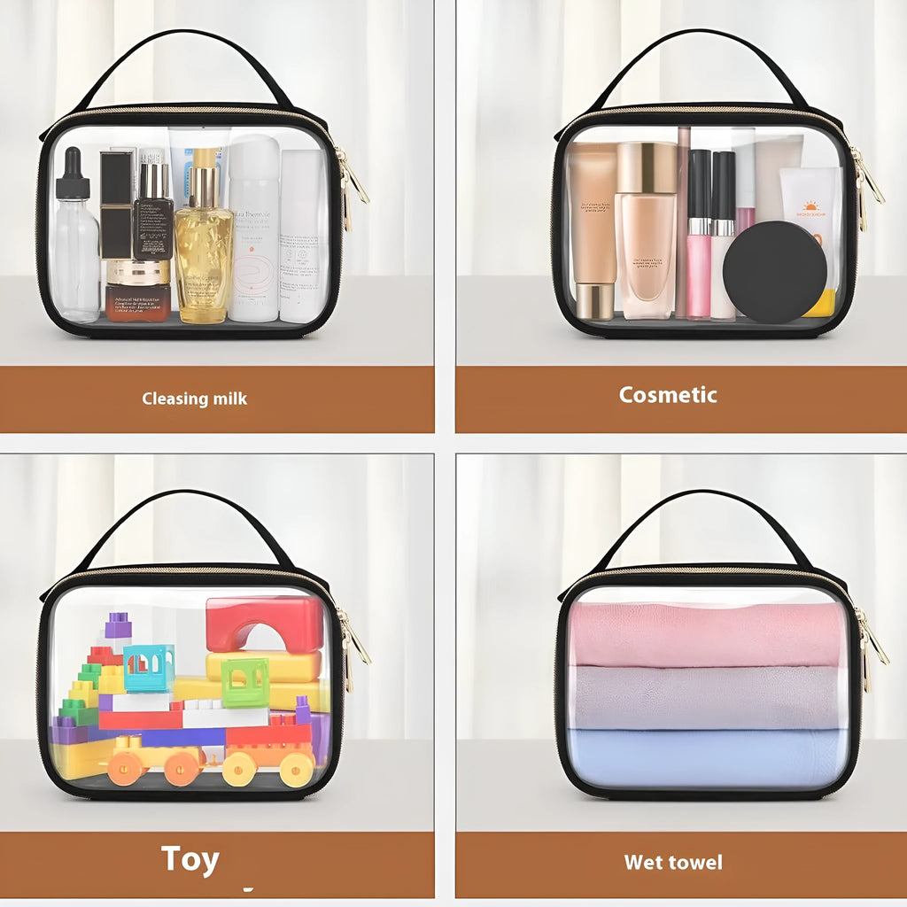 Transparent PVC wash bag with carrying chain for lipstick storage in multiple colour options