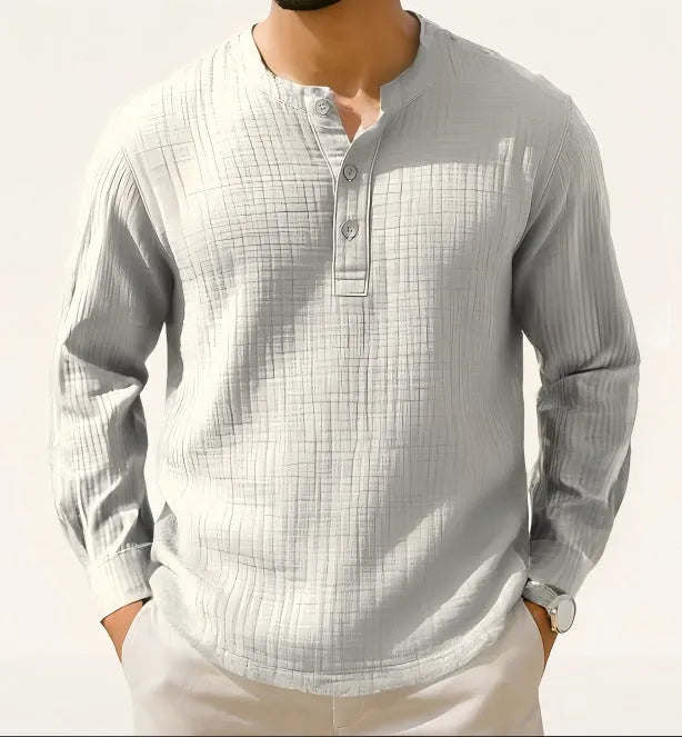 Slim fit linen and polyester long sleeve pullover shirt in army green.