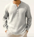 Slim fit linen and polyester long sleeve pullover shirt in army green.