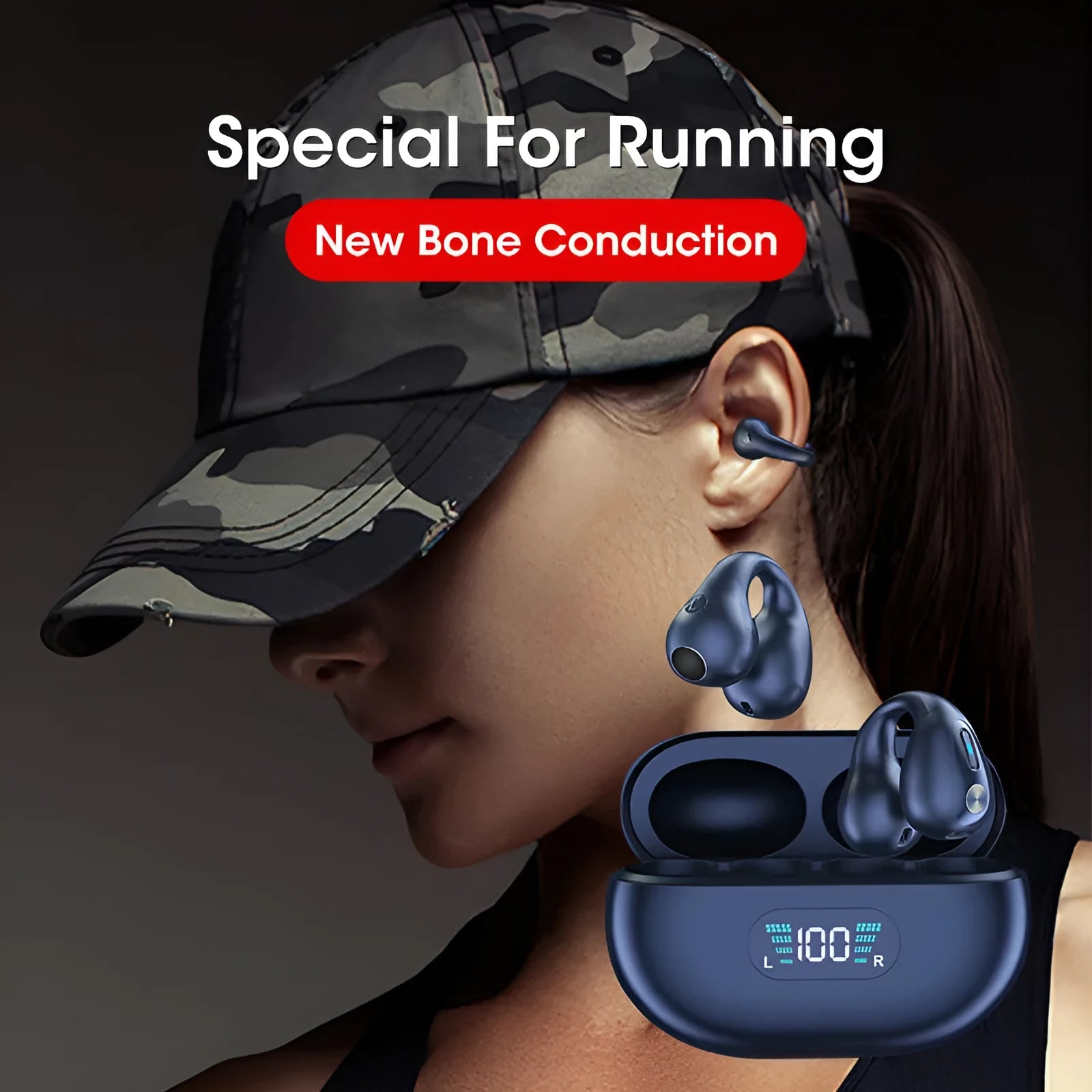 Q80 bone conduction Bluetooth headset clip in black, white, or khaki colour showing ear clip design.