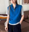 Retro half zipper sleeveless knit vest in polyester mesh with 3D pattern texture