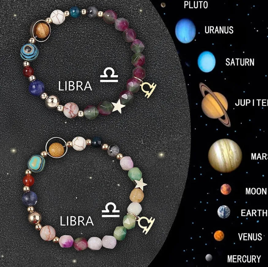 Set of two adjustable natural stone beaded bracelets showing different zodiac sign designs.