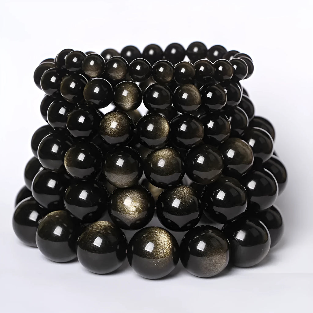 Hand-woven ethnic style unisex obsidian bracelet with round crystal beads.