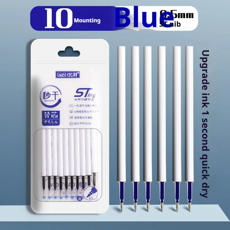 Pack of 10 quick-drying ballpoint pen refills in black, blue, red, and ink blue colours.